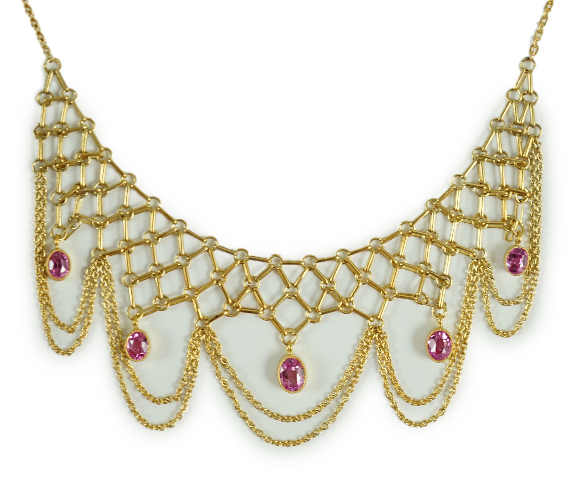 A 20th century 14k gold and five stone oval cut pink topaz set drop fringe necklace
